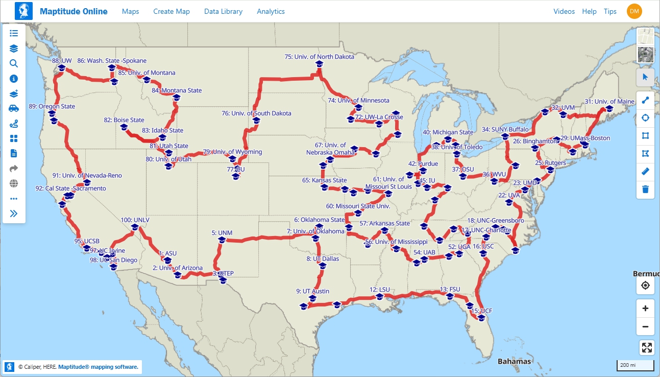 Maptitude Online Route With 100 Stops Labeled 1