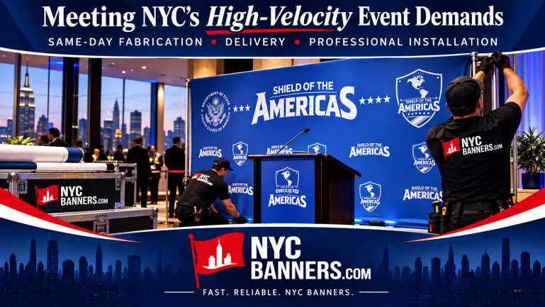 NYC Banners crew installing event graphics